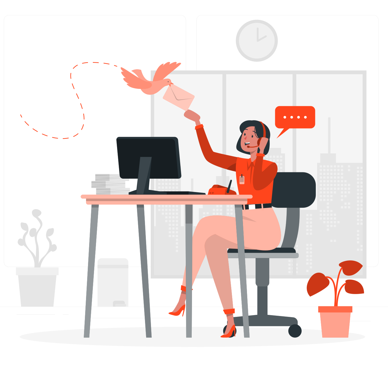A woman sits at a desk using a computer and Headphone while sending a letter with a bird in an office setting.