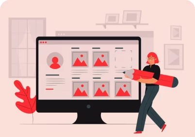 User interface illustration showing a woman customizing a profile page layout on a large screen